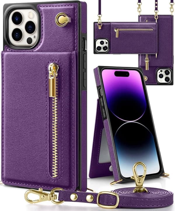 iPhone 15 Pro Max対応 手帳型ショルダーケース - カード収納・ストラップ付き・パープル