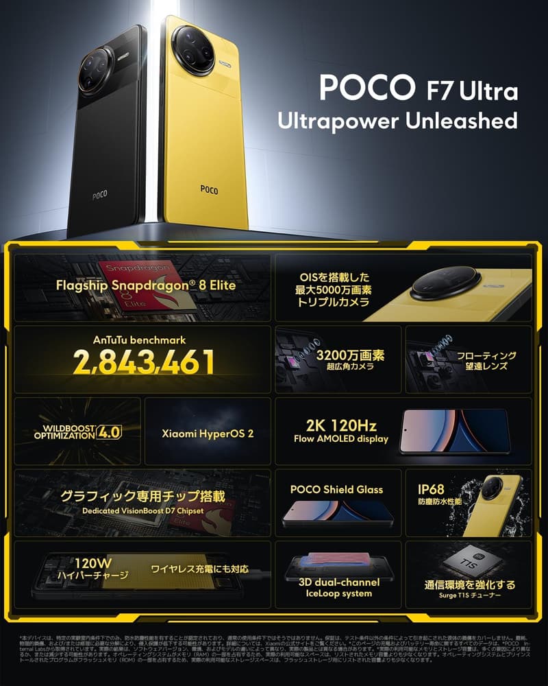 Xiaomi POCO F7 Ultra 16GB+512GB 日本語版 シムフリースマートフォン Snapdragon 8 Elite搭載 120W急速充電 IP68防水・防塵 イエロー