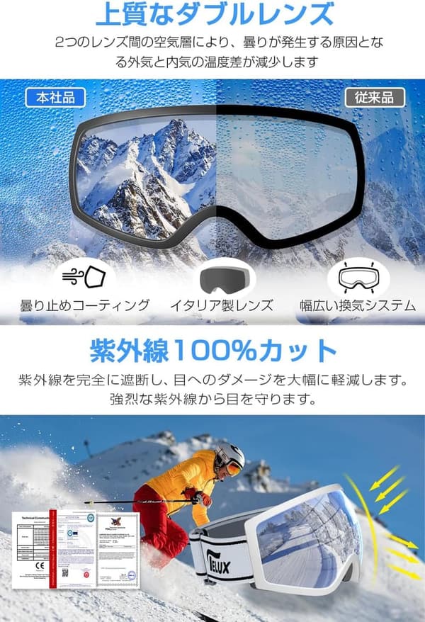 スノーボード用 OTG広視野ゴーグル メンズ/レディース UV400 紫外線防止 イタリア製曇り止めレンズ 軽量 耐衝撃