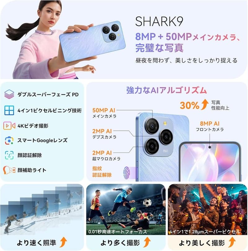 Blackview Shark9 24GB+256GB SIMフリースマートフォン 5G対応 90Hzディスプレイ 50MPカメラ 技適認証済 ブルー