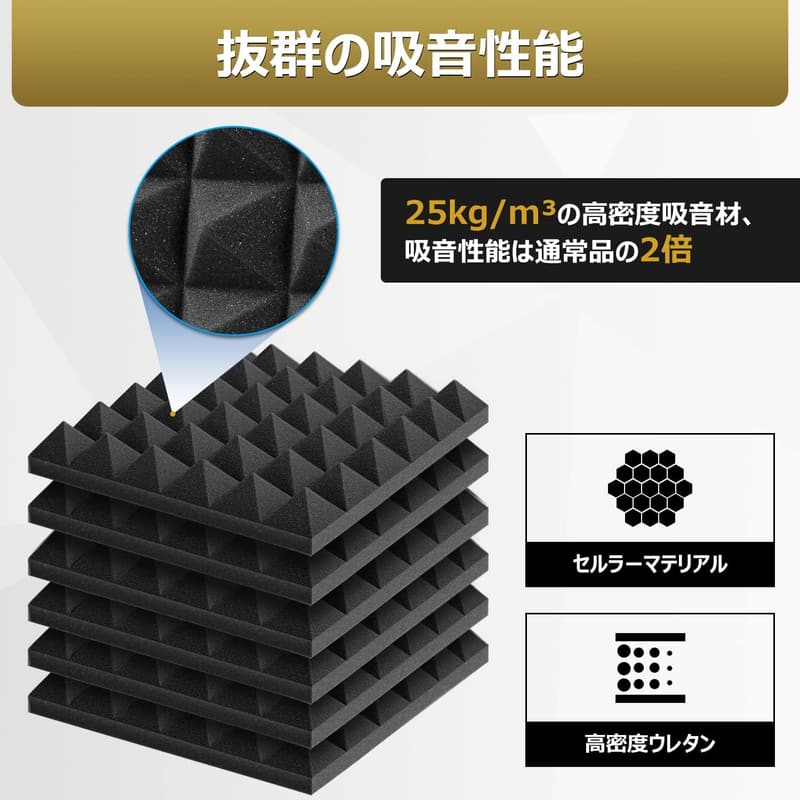 防音吸音パネル 30x30x5cm 黒ピラミッド形 12枚セット (両面テープ付き)