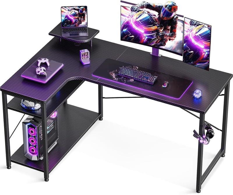 在宅勤務用 L字ゲーミングデスク 収納ラック付き 幅130cm カーボンブラック