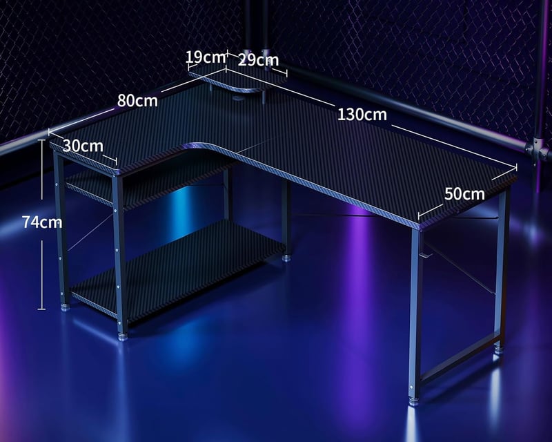 在宅勤務用 L字ゲーミングデスク 収納ラック付き 幅130cm カーボンブラック