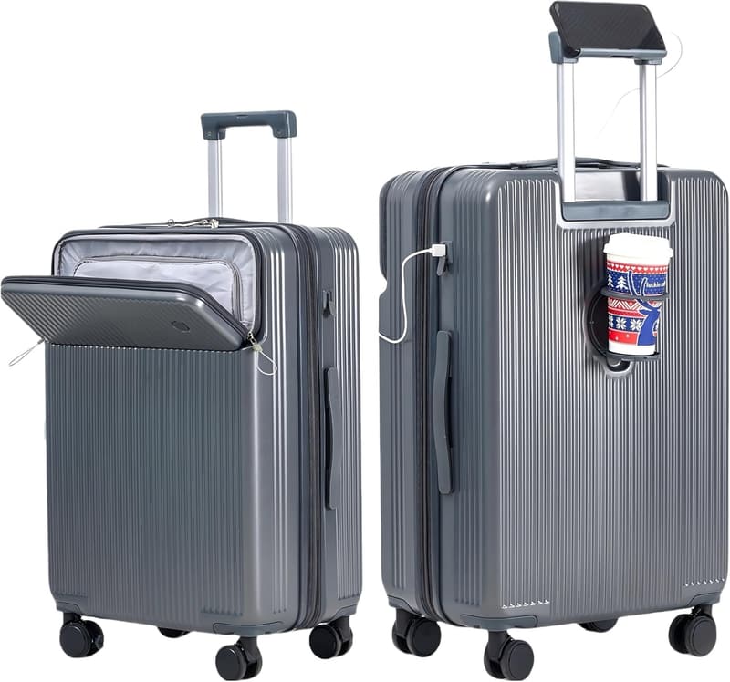 機内持ち込みスーツケース Sサイズ 40L 軽量 大容量 拡張型 フロントオープン USBポート付き グレー