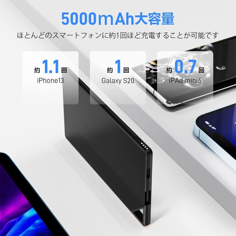 TNTOR 5000mAh モバイルバッテリー 超薄型 6mm Type-C入力 スマホ充電器 (ブラック)【PSE認証】