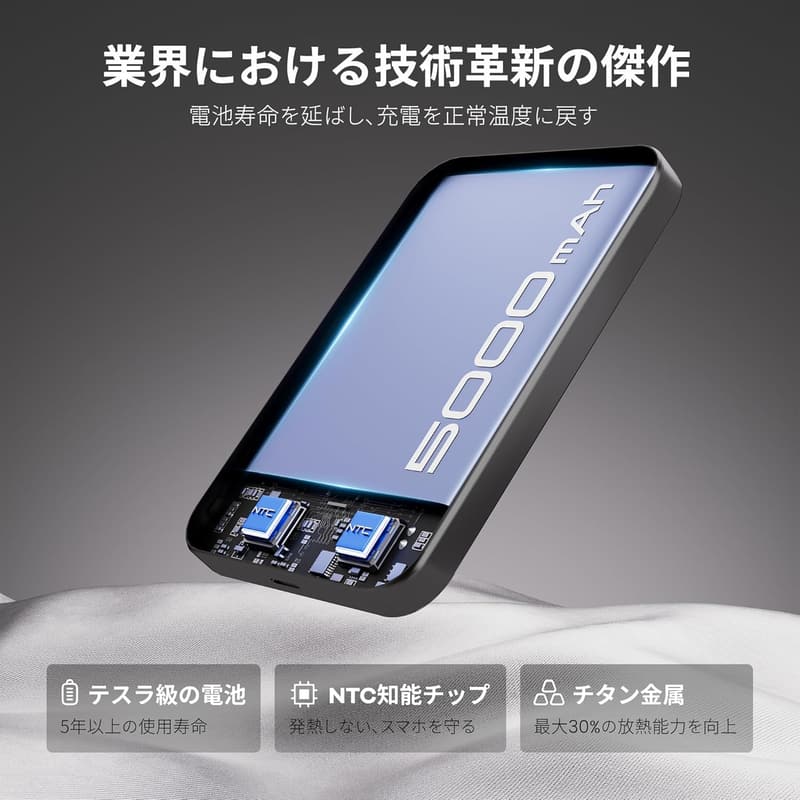 Magsafe対応 チタン製モバイルバッテリー 5000mAh PD20W急速充電 小型軽量 機内持ち込み可