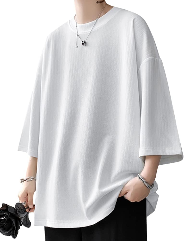 ビッグシルエット七分袖Tシャツ メンズ カジュアル 夏服 シンプル 無地 韓国風