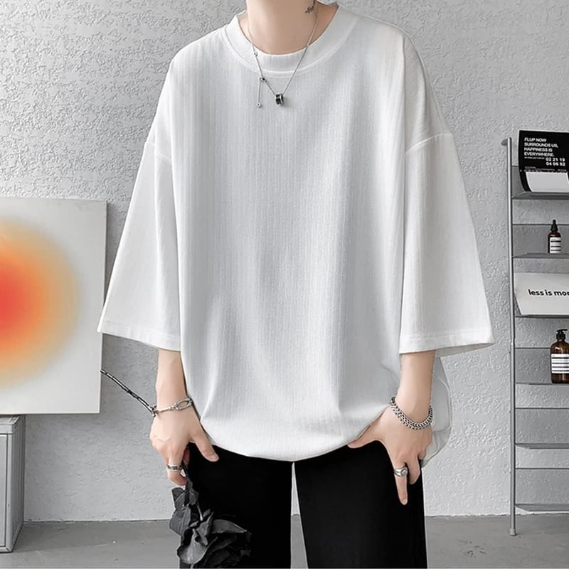 ビッグシルエット七分袖Tシャツ メンズ カジュアル 夏服 シンプル 無地 韓国風
