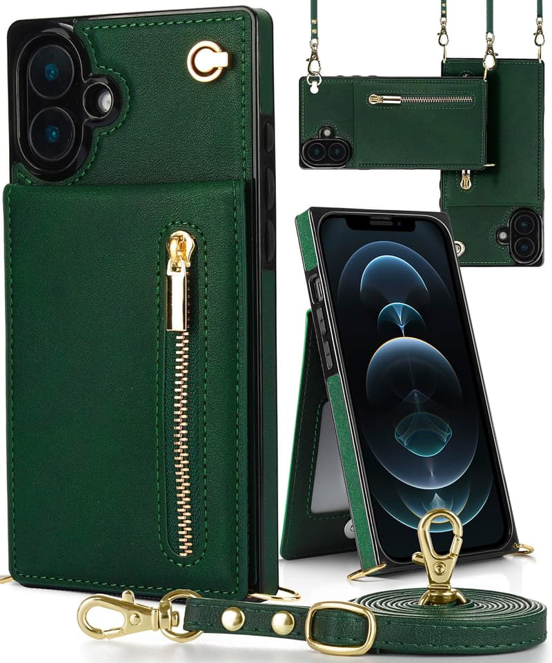 iPhone 16 手帳型ケース 財布型 ショルダー付き カード収納 グリーン