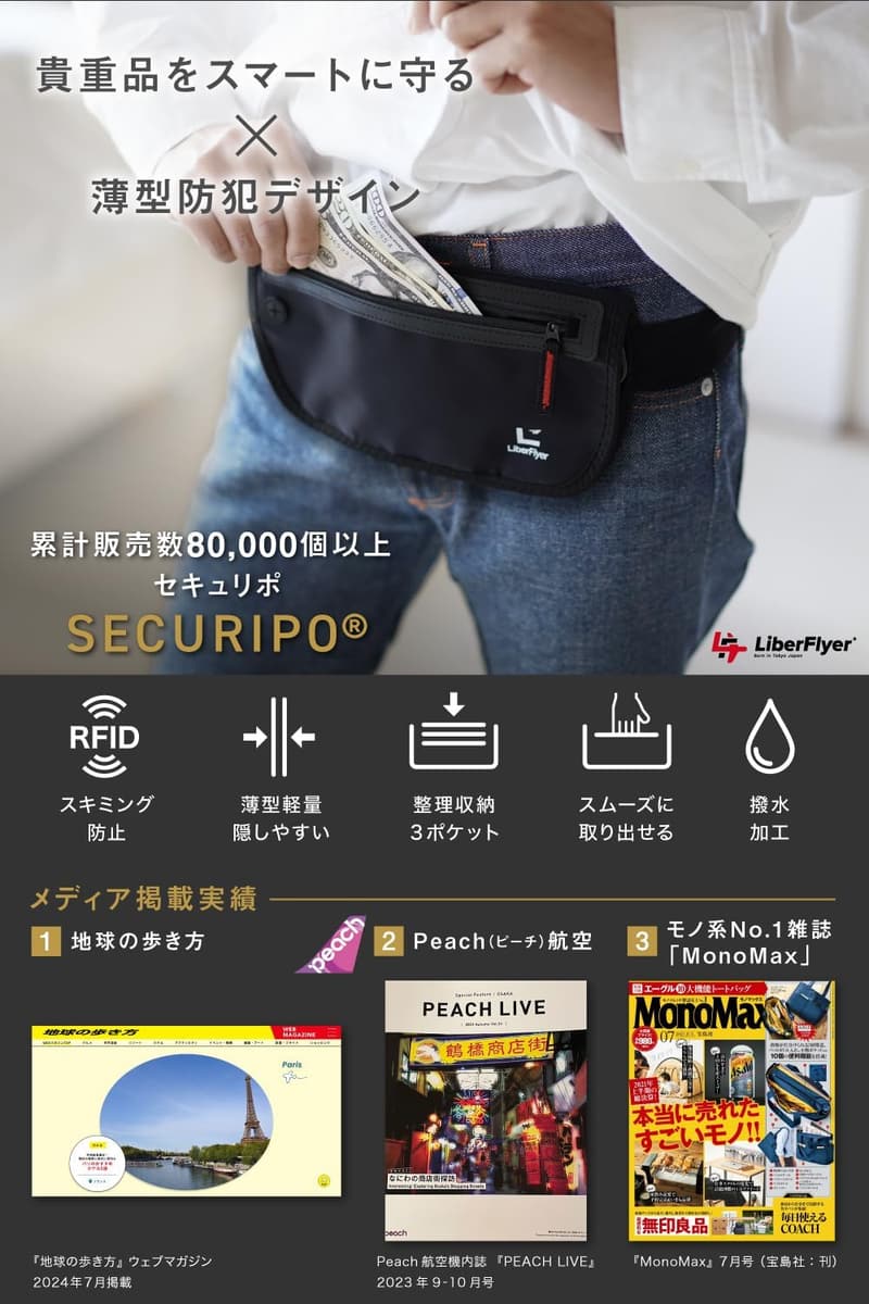 防水セキュリティウエストポーチ ブラック(赤ジッパー)