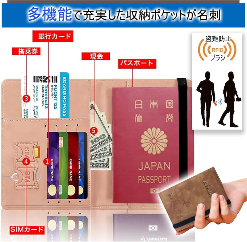 スキミング防止機能付きパスポートケース 多機能トラベルポーチ(ピンク)