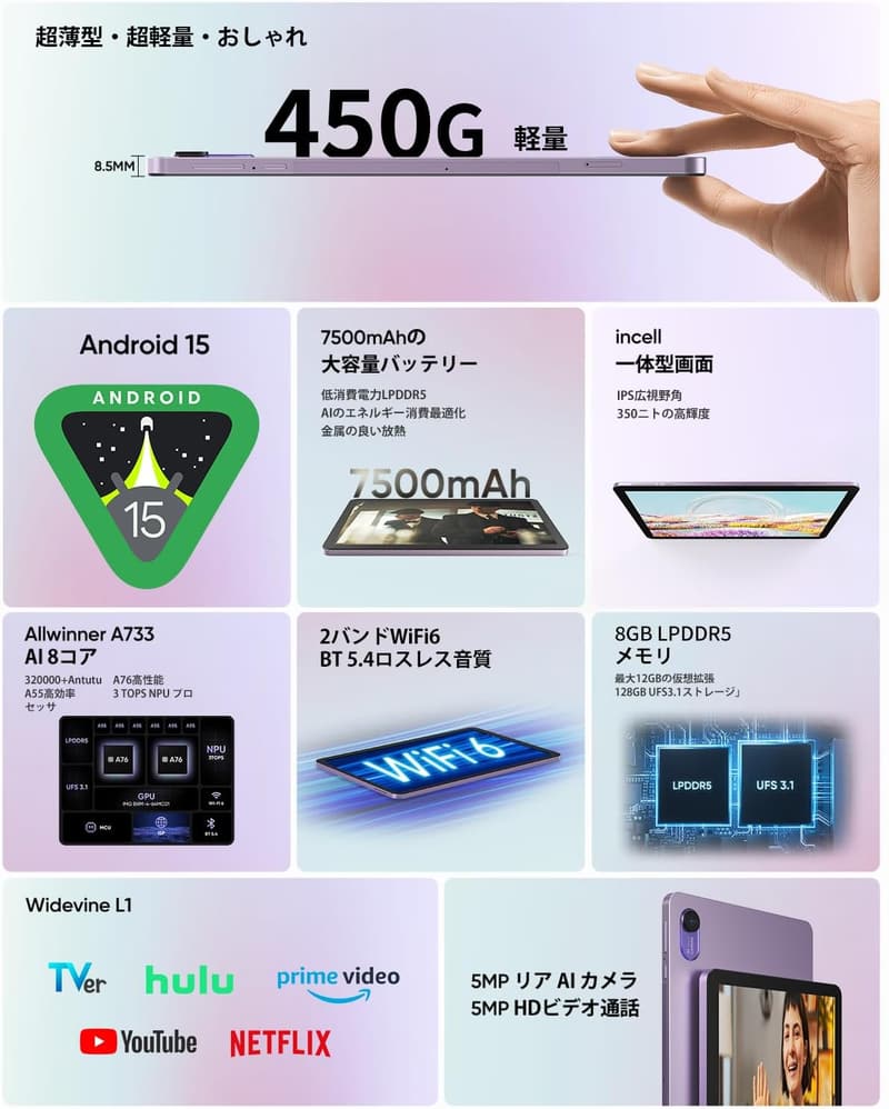 【24GB RAM & 7500mAh大電池】 10インチ Android 15 タブレット Wi-Fiモデル【高輝度ディスプレイ・8コアCPU・2年間保証】