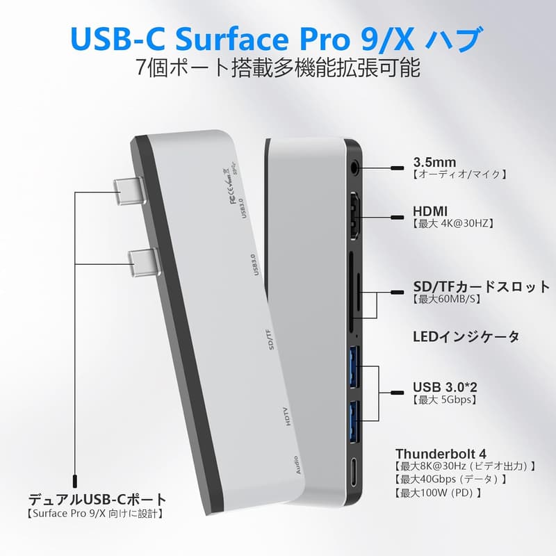 Surface Pro 9/11/10/X用 USBハブ 4K HDMI, USB-C Thunderbolt 4, 3.5mmオーディオポート付き