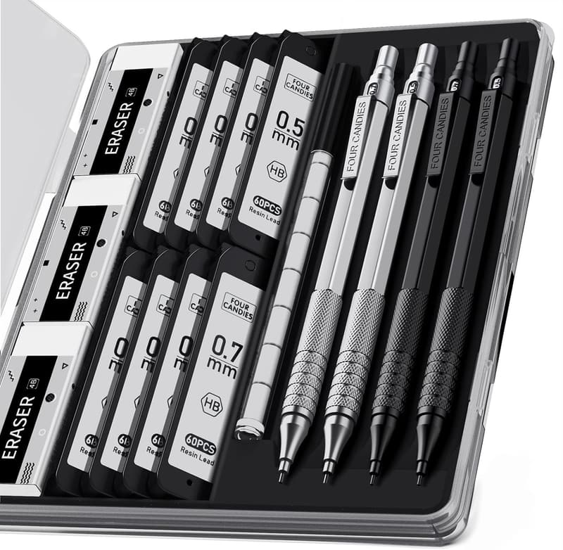 メタルシャープペンシル4本セット（0.5&0.7mm）ケース付き・HB替芯480本・文房具セット - ブラック＆シルバー