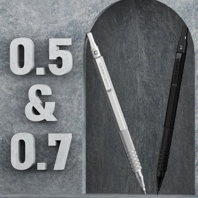 メタルシャープペンシル4本セット（0.5&0.7mm）ケース付き・HB替芯480本・文房具セット - ブラック＆シルバー
