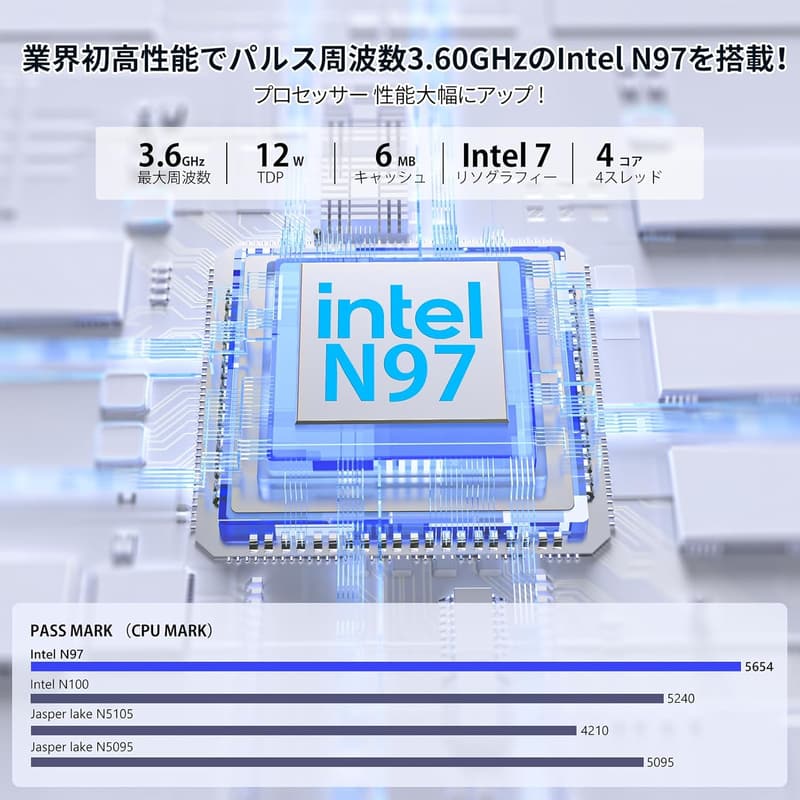 新型ミニPC インテル N97 4C/4T 8GB/256GB Windows11 Pro 4K出力対応 省電力 静音