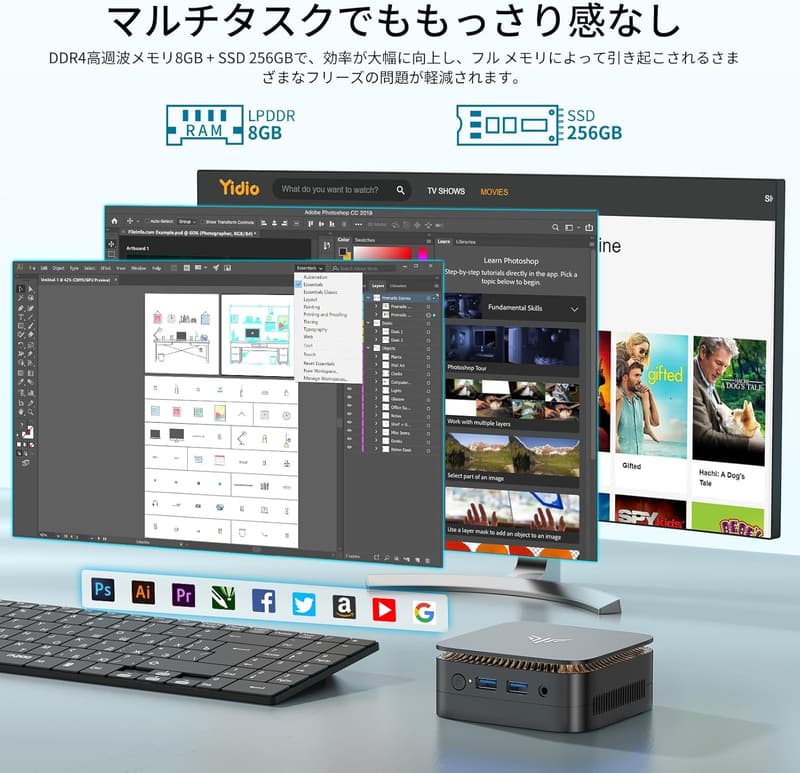 新型ミニPC インテル N97 4C/4T 8GB/256GB Windows11 Pro 4K出力対応 省電力 静音