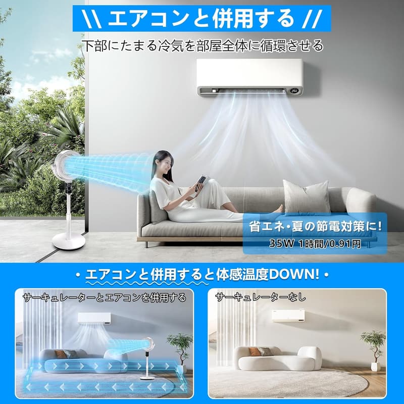 リビング用DCモーター扇風機 サーキュレーター 自動イオン発生 静音 6段階風量調節 リモコン付 省エネ ホワイト