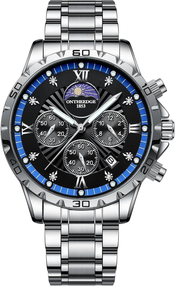 ビジネスシーンに最適なメンズクォーツクロノグラフ腕時計 シルバーブルー 蓄光機能 3気圧防水 ステンレスバンド