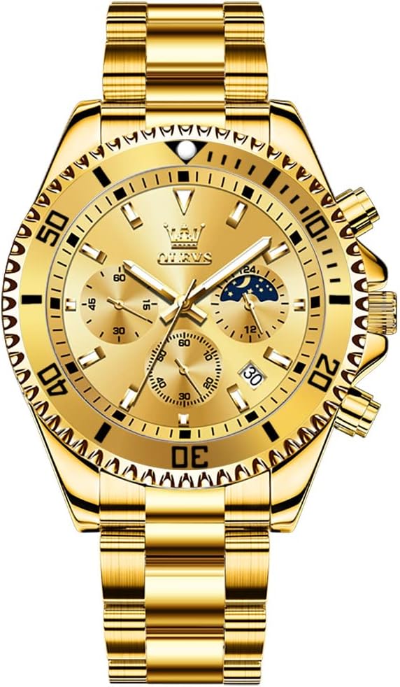 メンズ カジュアル 防水腕時計 ステンレスバンド ゴールド文字盤 アナログ 日付表示