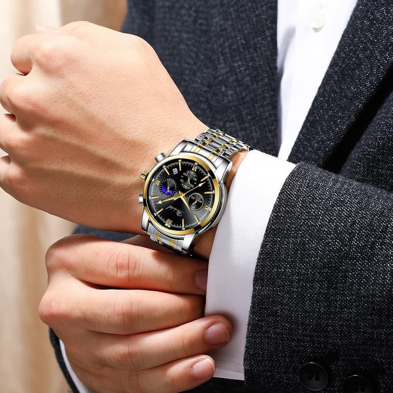 ビジネス向け メンズ クオーツクロノグラフ腕時計 ゴールドブラック 3気圧防水 蓄光機能付き