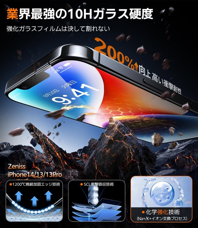 iPhone 14/13用 強化ガラスフィルム 2枚セット - 耐衝撃・硬度10H・ブルーライトカット・全面保護