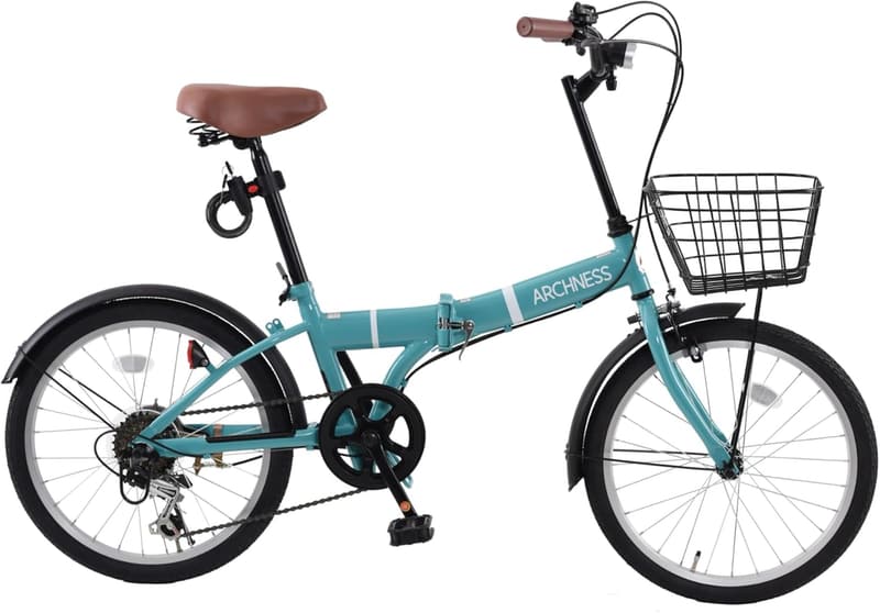 20インチ軽量折りたたみ自転車 シマノ6段変速 ギア付き 通勤・通学用 カゴ・ワイヤー錠・LEDライト付