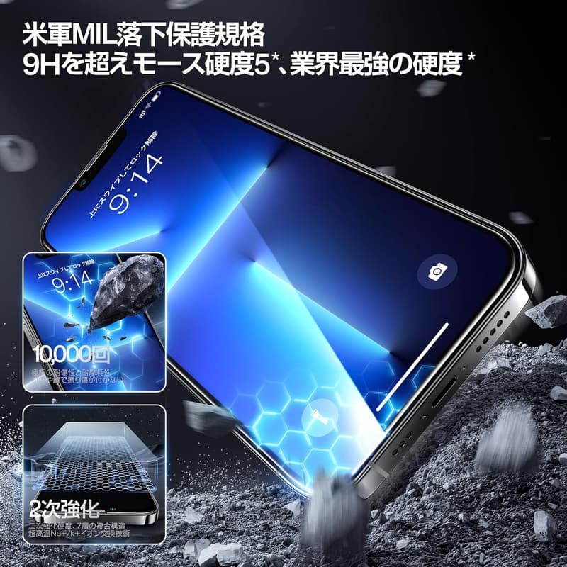 iPhone 16e/14/13 Pro/13用 強化ガラス 保護フィルム 2枚セット 指紋防止・気泡ゼロ
