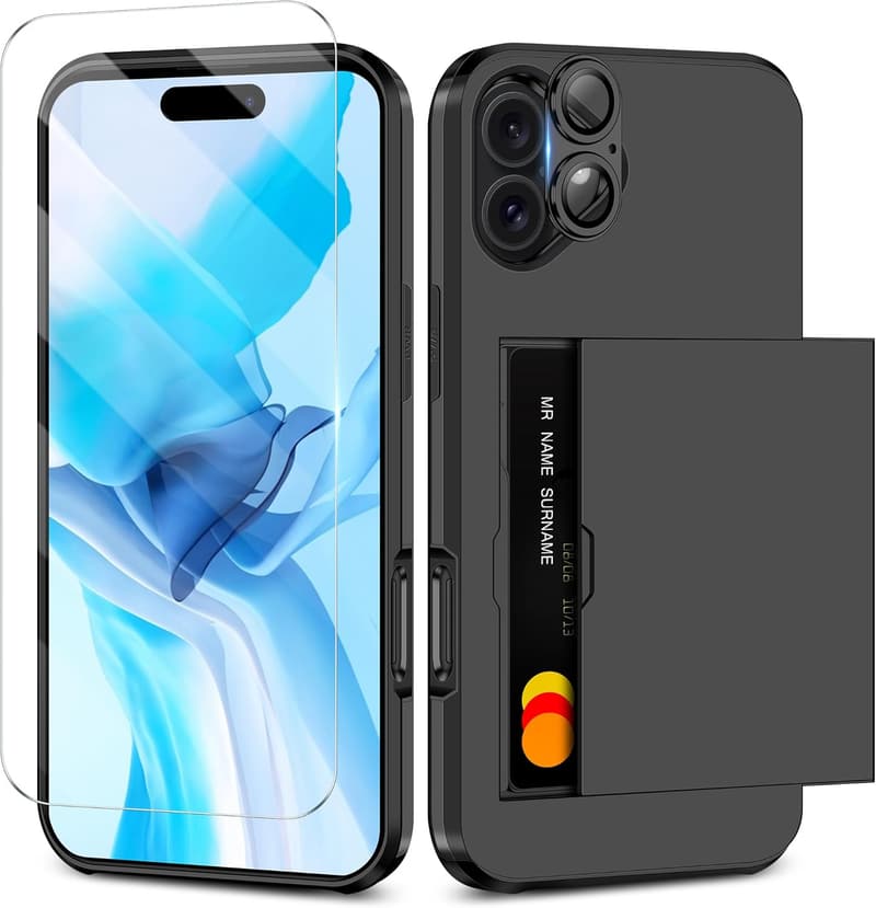 iPhone 16 対応 耐衝撃カード収納ケース 9H強化ガラスフィルム付き ブラック