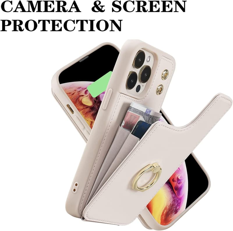 iPhone 12 財布型ケース カード収納 360°回転リング スタンド機能 ベージュ 女性向け