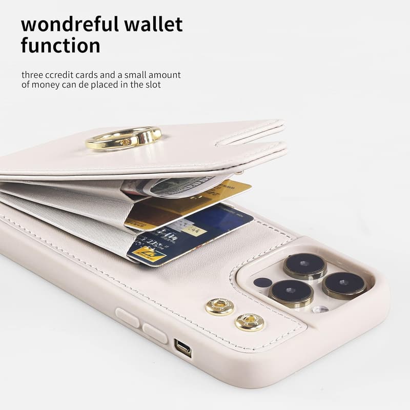 iPhone 12 財布型ケース カード収納 360°回転リング スタンド機能 ベージュ 女性向け