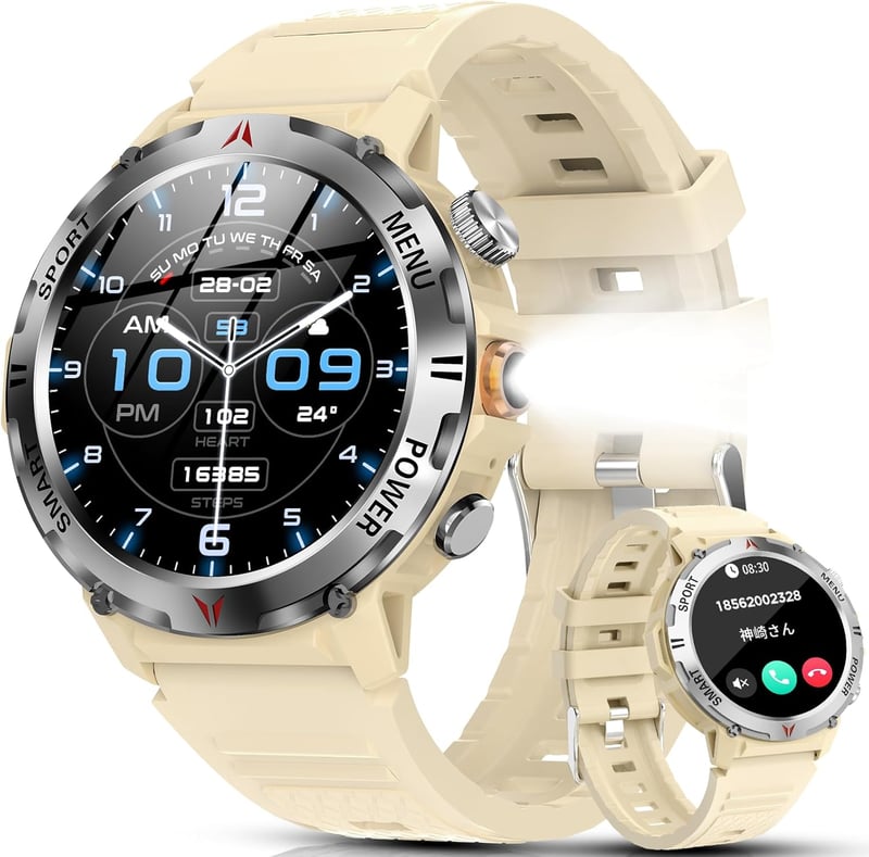 2024冬新登場 軍用規格 スポーツスマートウォッチ Bluetooth5.3 通話・通知機能 GPS運動記録 防塵防水 iPhone/Android対応（クリーム色）