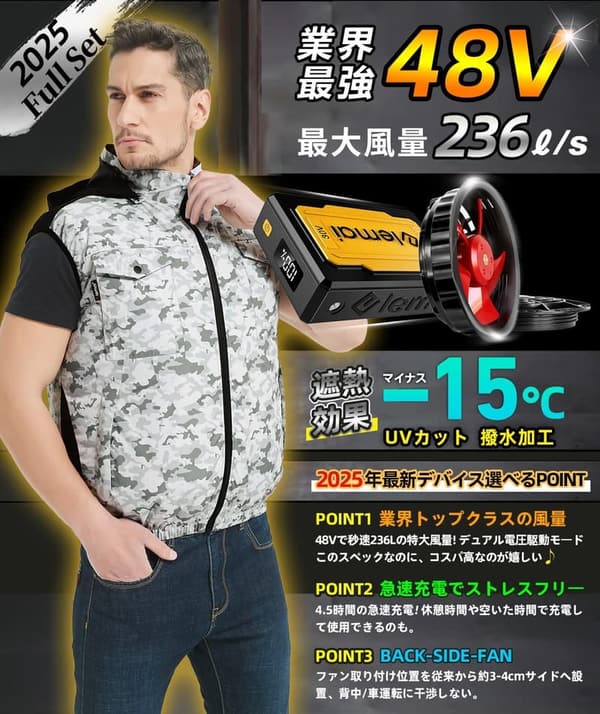 2025年新モデル フアン付きチタンベスト 空気調節作業服 ユニセックス 48V大容量バッテリーセット