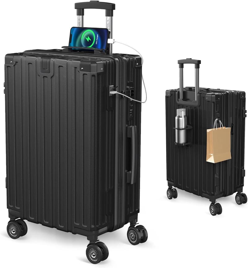 旅行用 大型キャリーケース USBポート・カップホルダー付き 超軽量 ブラック Sサイズ (機内持込)