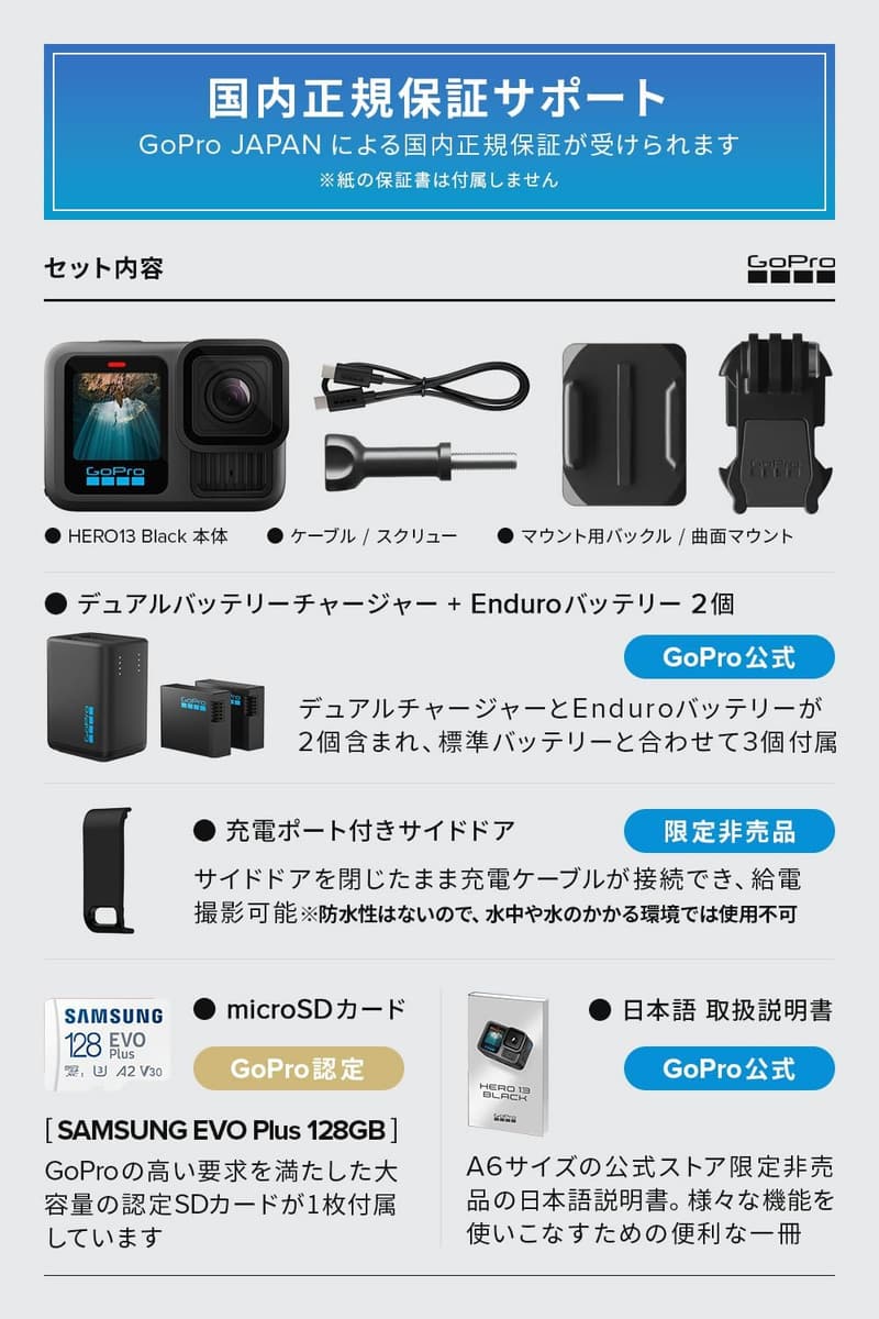GoPro HERO13 Black バンドルセット - デュアルバッテリーチャージャー＆3個のEnduroバッテリー付き【国内正規品】
