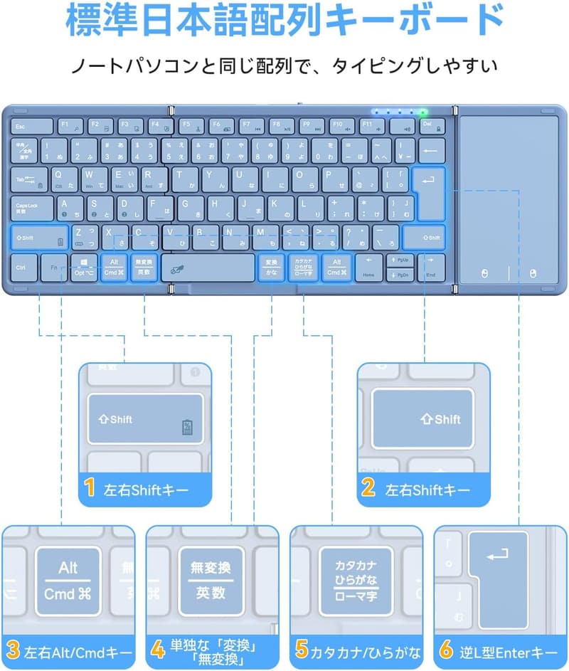Bluetooth折り畳み式ワイヤレスキーボード（JIS標準日本語配列・タッチパッド付き・軽量・iPad対応）