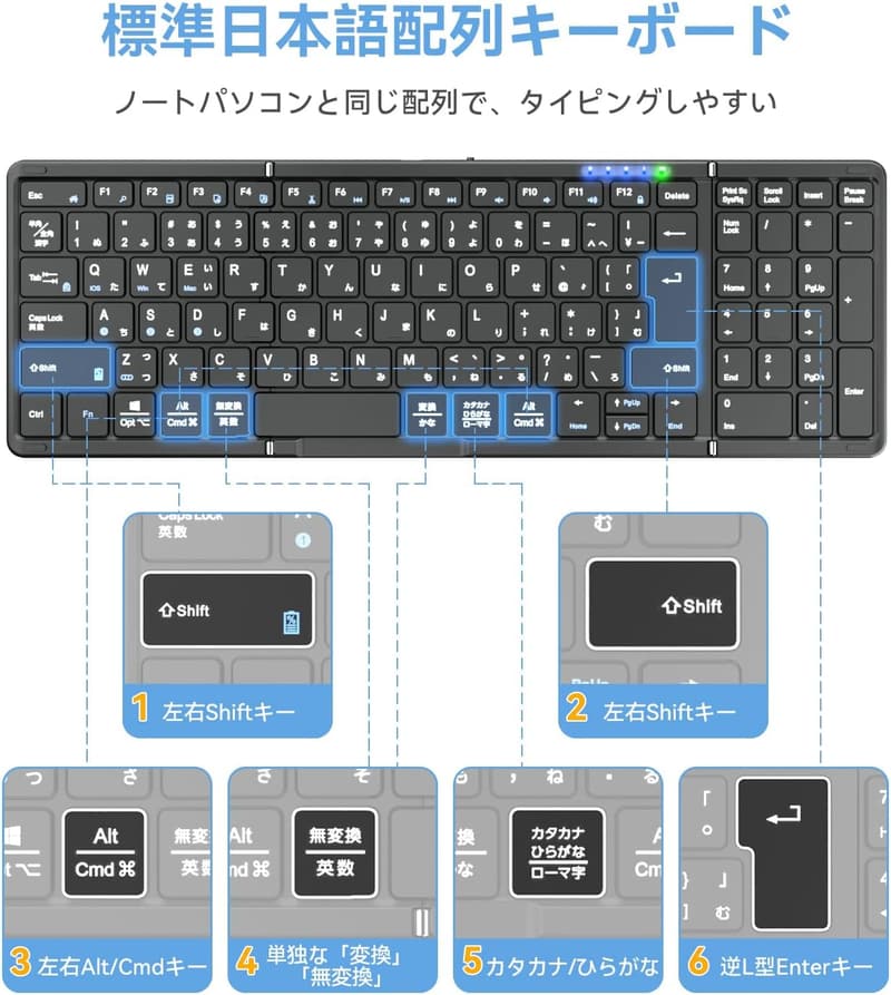Bluetooth フルサイズ折りたたみ式キーボード - 日本語配列、テンキー付き、USB-C充電式 (黒)