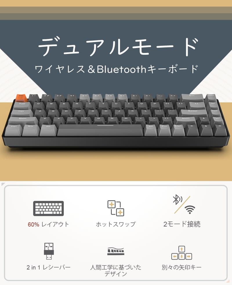 在宅勤務対応 Bluetoothワイヤレスゲーミングキーボード 赤軸 K68 テンキーレス 2.4GHz USB接続