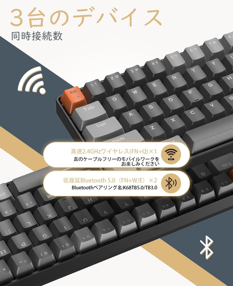 在宅勤務対応 Bluetoothワイヤレスゲーミングキーボード 赤軸 K68 テンキーレス 2.4GHz USB接続