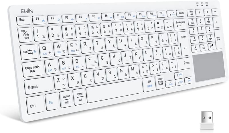 ワイヤレスキーボード 日本語配列 タッチパッド付き USB/Bluetooth 3台切り替え テレワーク対応 ホワイト