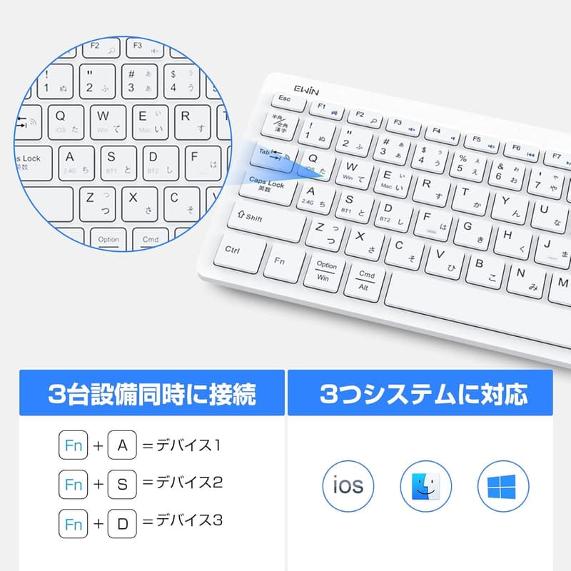 ワイヤレスキーボード 日本語配列 タッチパッド付き USB/Bluetooth 3台切り替え テレワーク対応 ホワイト