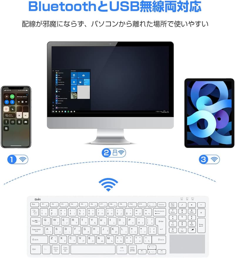ワイヤレスキーボード 日本語配列 タッチパッド付き USB/Bluetooth 3台切り替え テレワーク対応 ホワイト