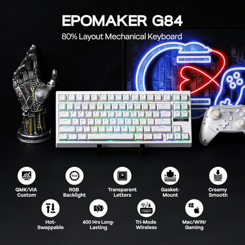 EPOMAKER G84 ゲーミングメカニカルキーボード RGB 80% ホットスワップ対応 透光キーキャップ (ホワイト, クリーミージェードスイッチ)