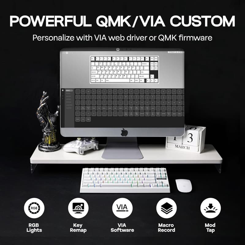 EPOMAKER G84 ゲーミングメカニカルキーボード RGB 80% ホットスワップ対応 透光キーキャップ (ホワイト, クリーミージェードスイッチ)