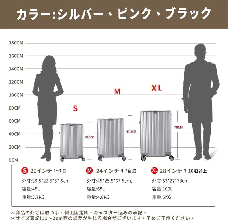 大型アルミ合金キャリーケース 100L シルバー TSAロック 静音ダブルキャスター 旅行用