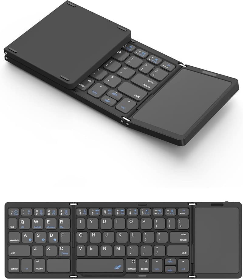 折り畳みワイヤレスキーボード タッチパッド付き ミニサイズ iPad対応 無線3台デバイス接続（黒）
