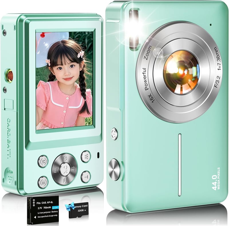 修学旅行向けのコンパクトデジタルカメラ 32GBカード・予備バッテリー付き 44MP FHD 1080P 16倍ズーム
