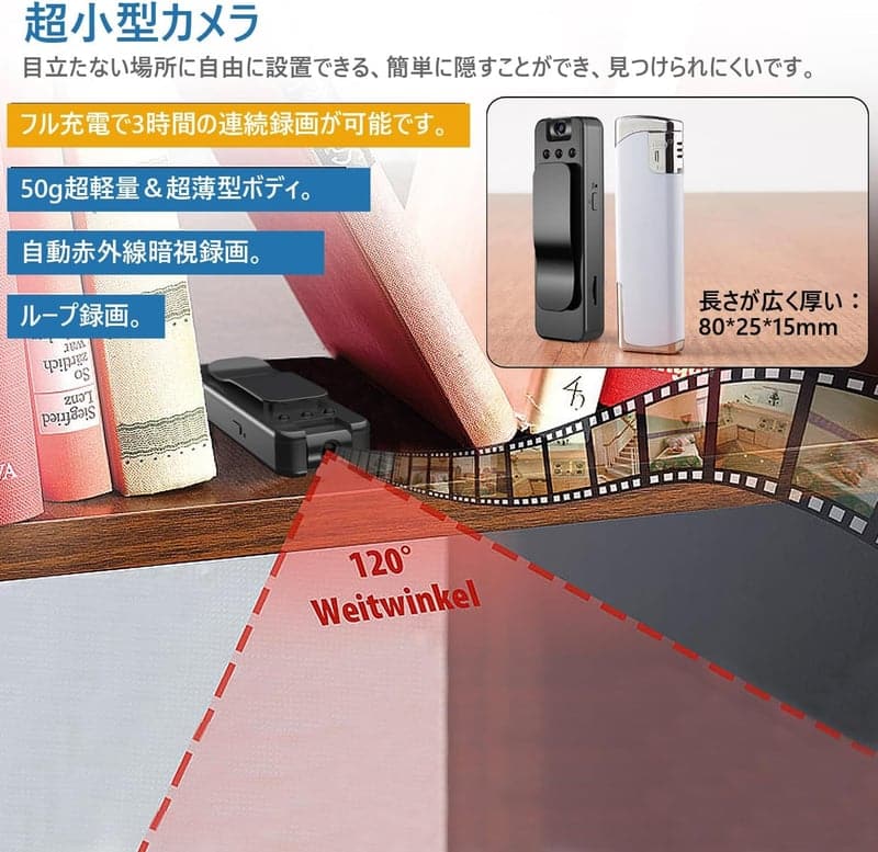 USB充電式 FHD1080P対応 小型クリップオン隠しカメラ 防犯用 軽量・180度回転レンズ【最大128GB microSD対応】