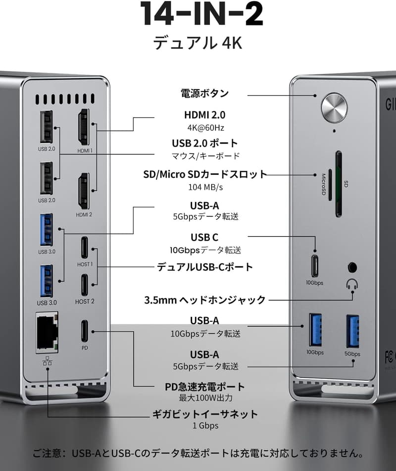 Macbook Pro/Air専用 14-IN-2 ドッキングステーション 4Kトリプルディスプレイ対応 USB-C/USB-A/イーサネットポート搭載