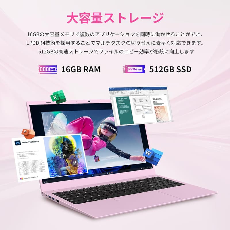 UOWAMOU 15.6インチ ノートパソコン N5095 指紋認証 Windows 11 Pro 16GBメモリ 512GB SSD フルHD IPS液晶 大容量バッテリー マット桜色